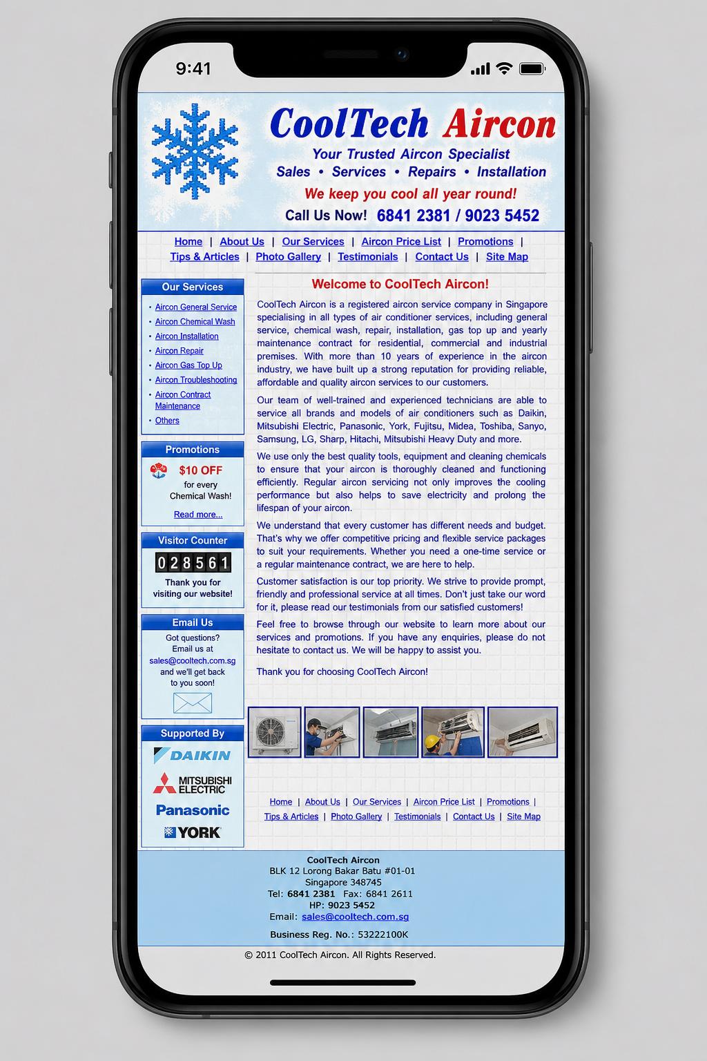 A dated, cluttered aircon business website that is hard to read on a phone